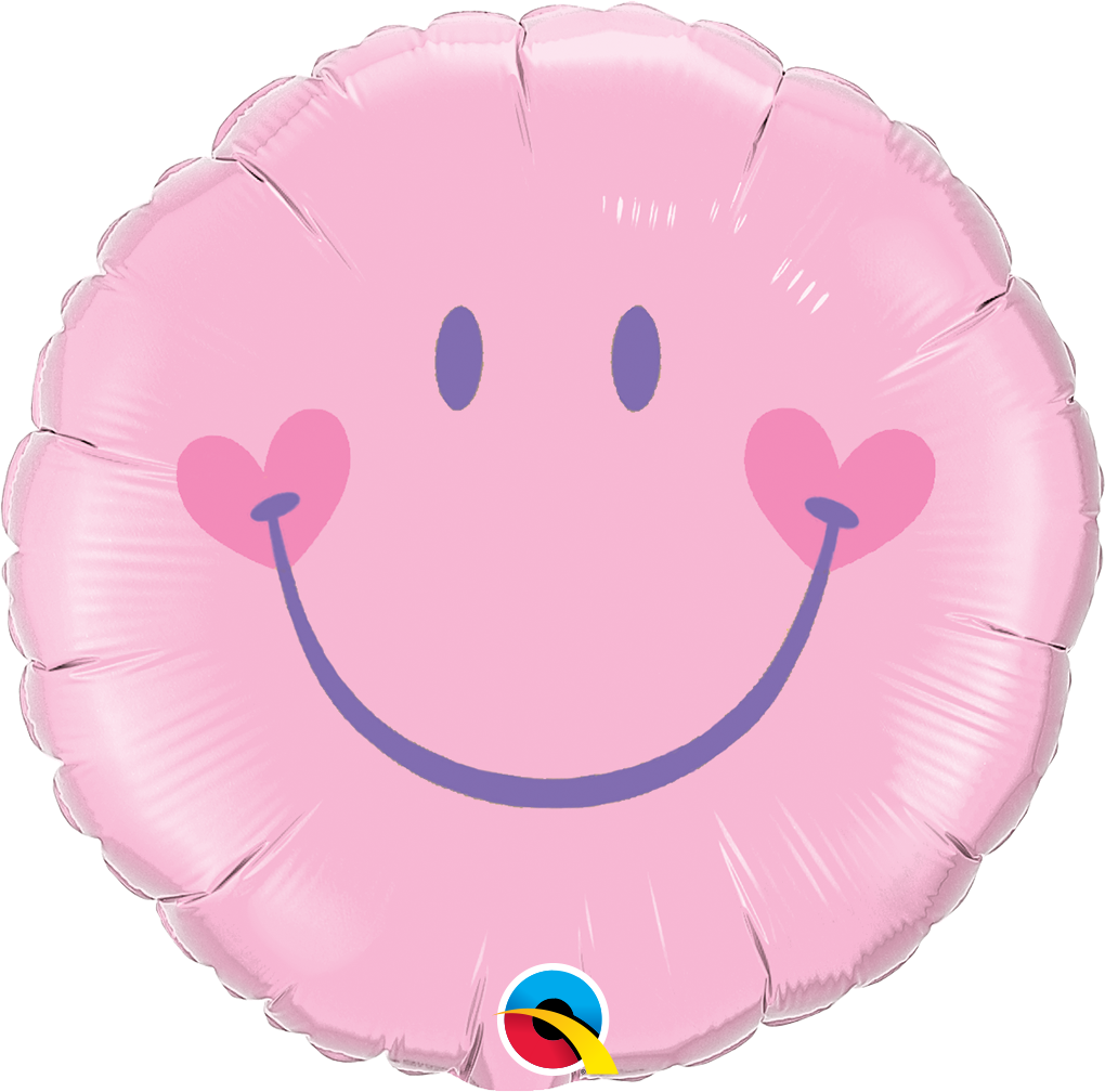 Pink smiley face balloon with heart cheeks and a happy grin.