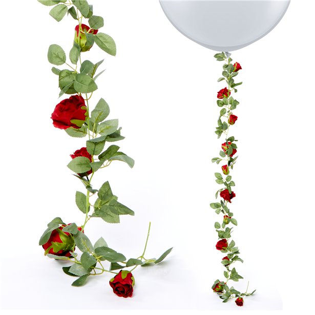 Thumbnail: Red roses and green leaves on a white balloon, Party World Ferndown occasion.