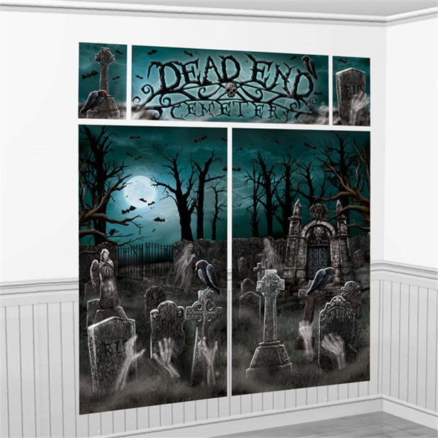 Dead End Cemetery Halloween decoration with tombstones and scary background scene.