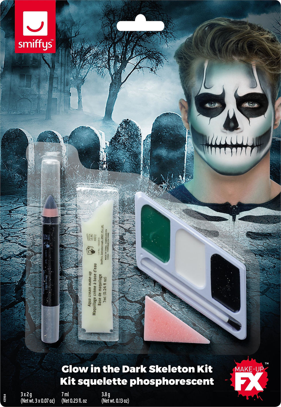 Thumbnail: Skeleton face paint kit with skeleton face and graveyard background.