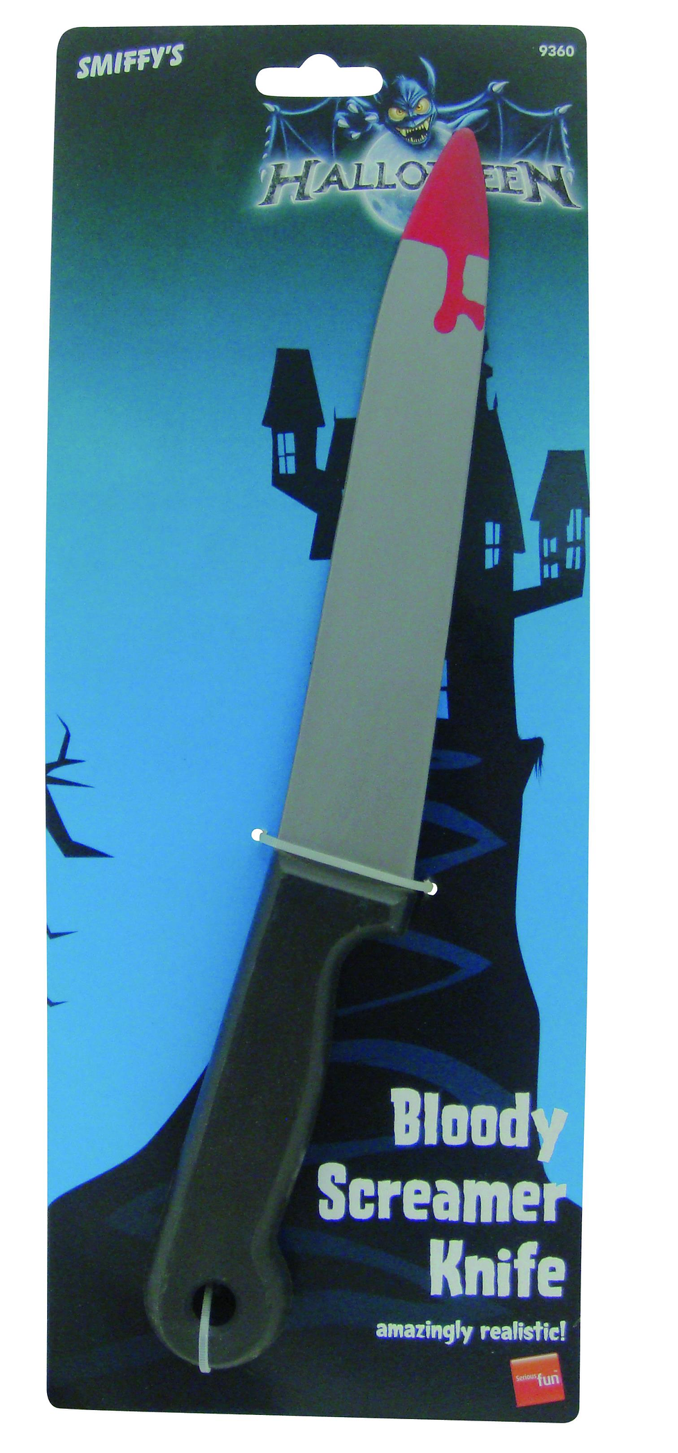 Thumbnail: Plastic knife with black handle against a Halloween haunted house backdrop.