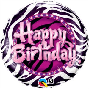 Zebra-patterned foil balloon with pink "Happy Birthday" text for celebrations.