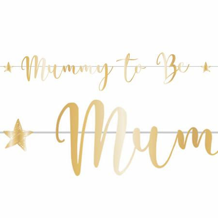 Gold "Mummy to Be" and "Mum" banner with star decorations for the event.