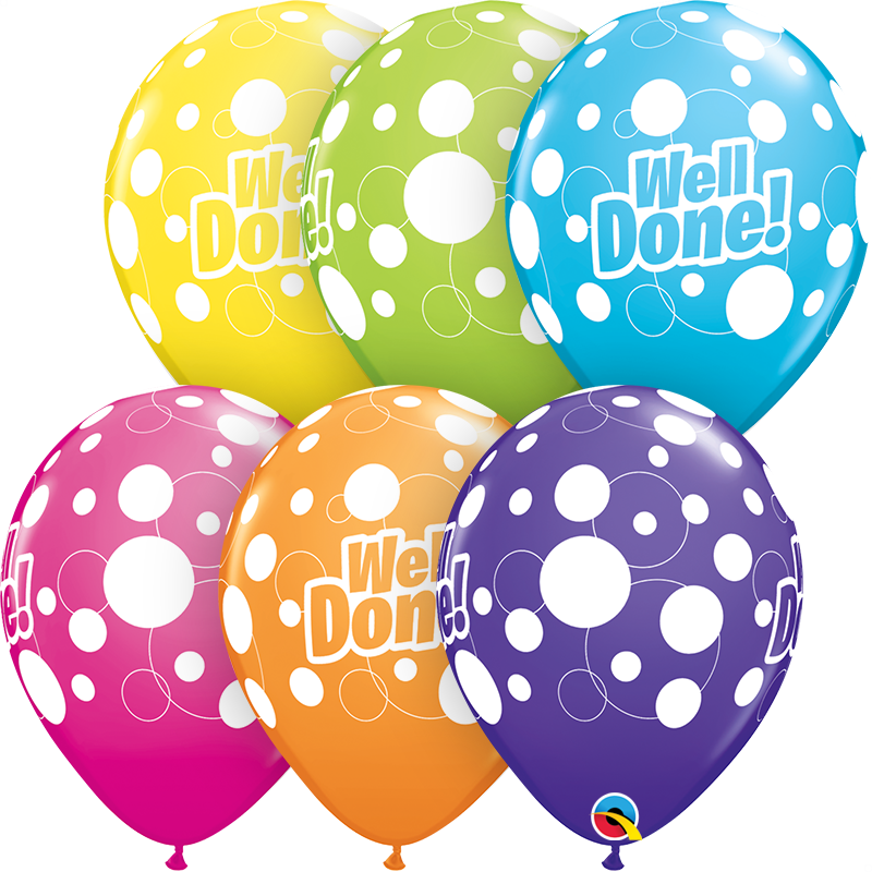 Six polka dot balloons with "Well Done!" message for celebration.