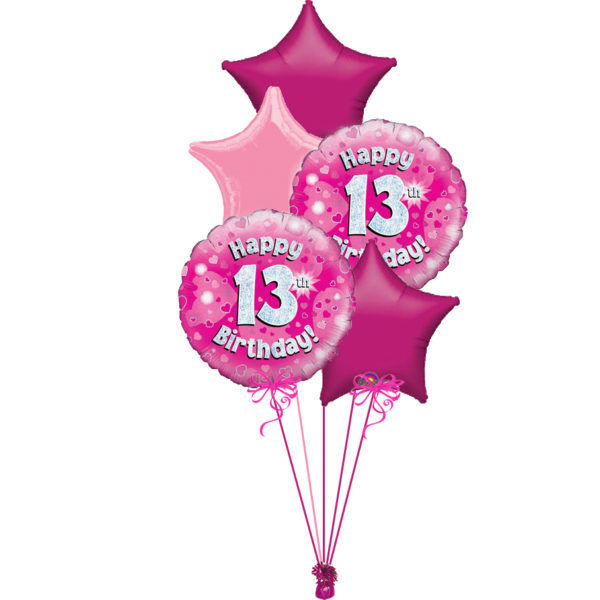 Pink balloons with "Happy 13th Birthday!" message, party decorations, celebrations