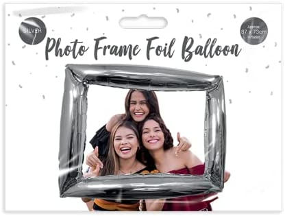 Thumbnail: Three smiling women pose within a silver Photo Frame Foil Balloon