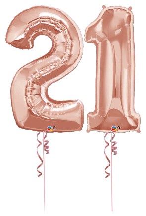 Thumbnail: Rose gold foil balloons shaped as the number 21 for a celebration.