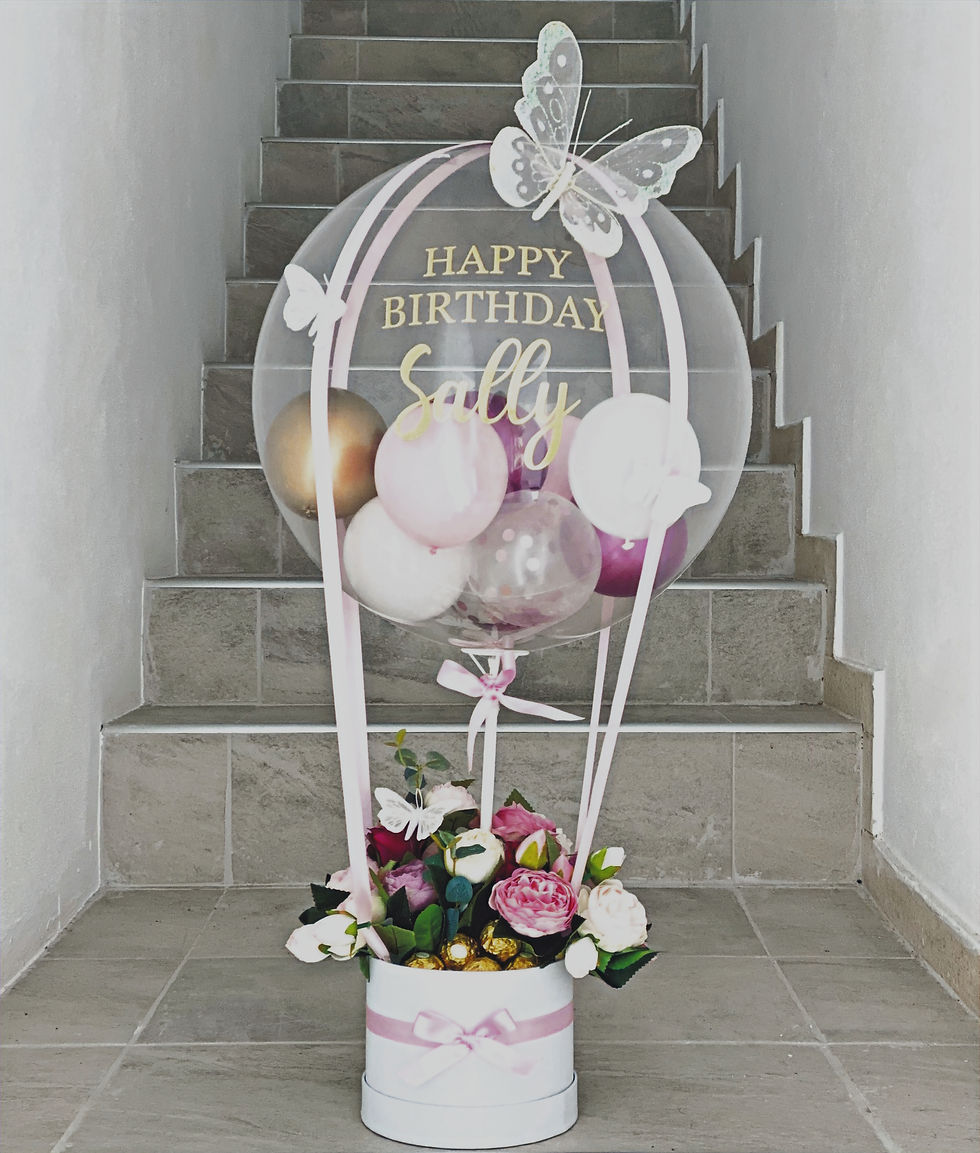 Happy Birthday Sally, decorative balloon arrangement with flowers and various balloons