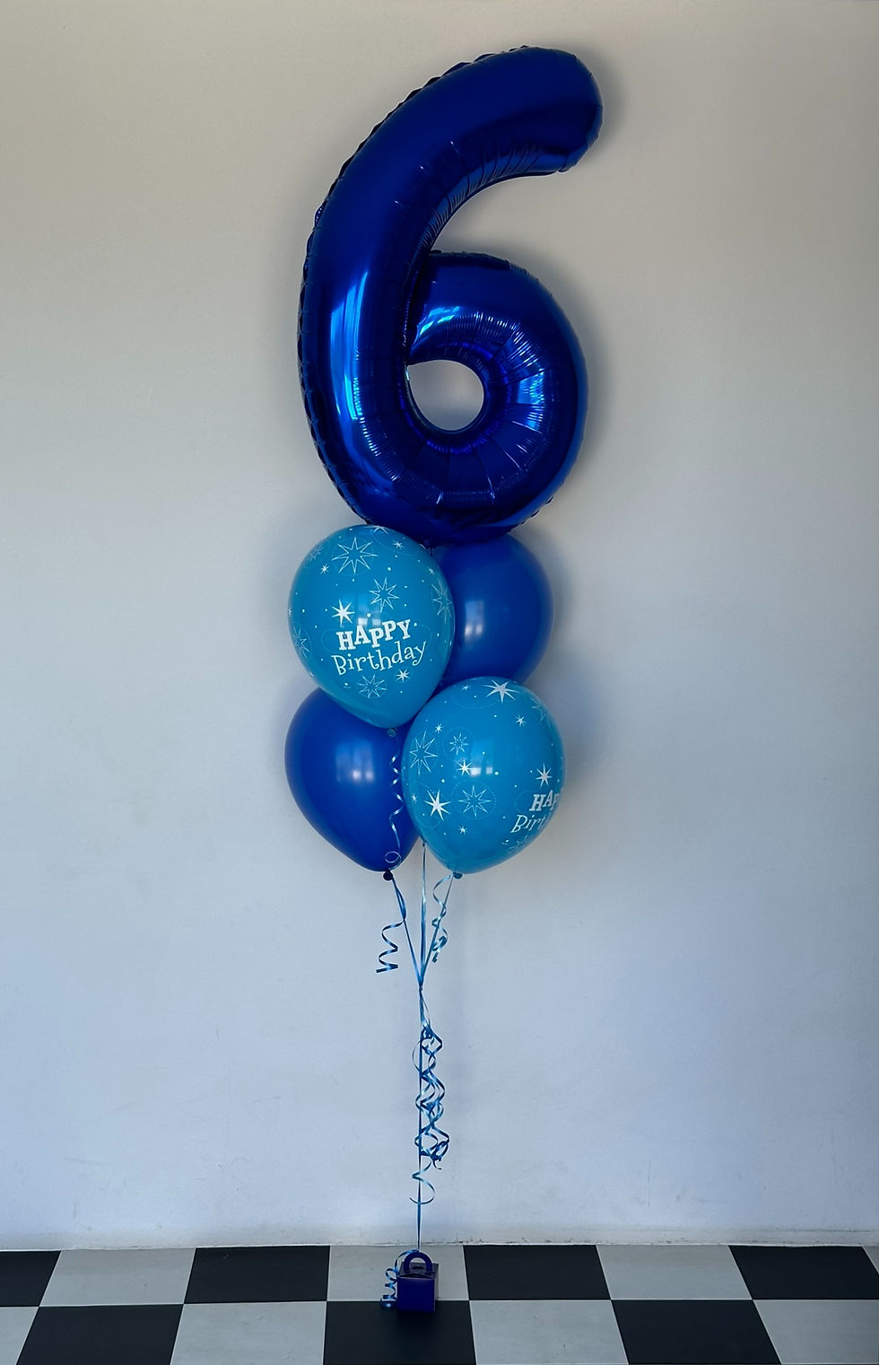 Thumbnail: Blue number six balloon with Happy Birthday balloons and blue streamers background.