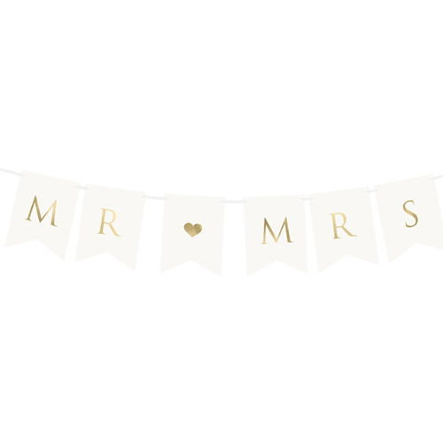 White Mr & Mrs banner with gold lettering and small gold heart.