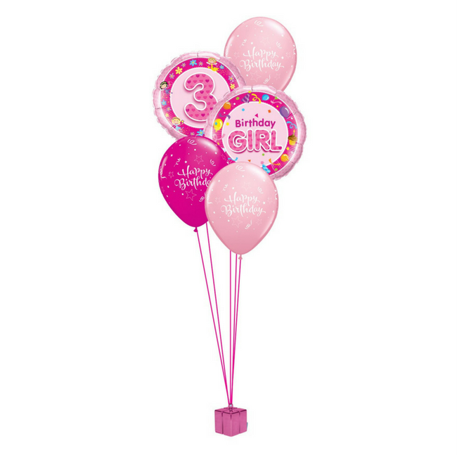 Pink balloons spelling out "Birthday Girl" and the number three; Happy Birthday Star Bubble Bouquet.