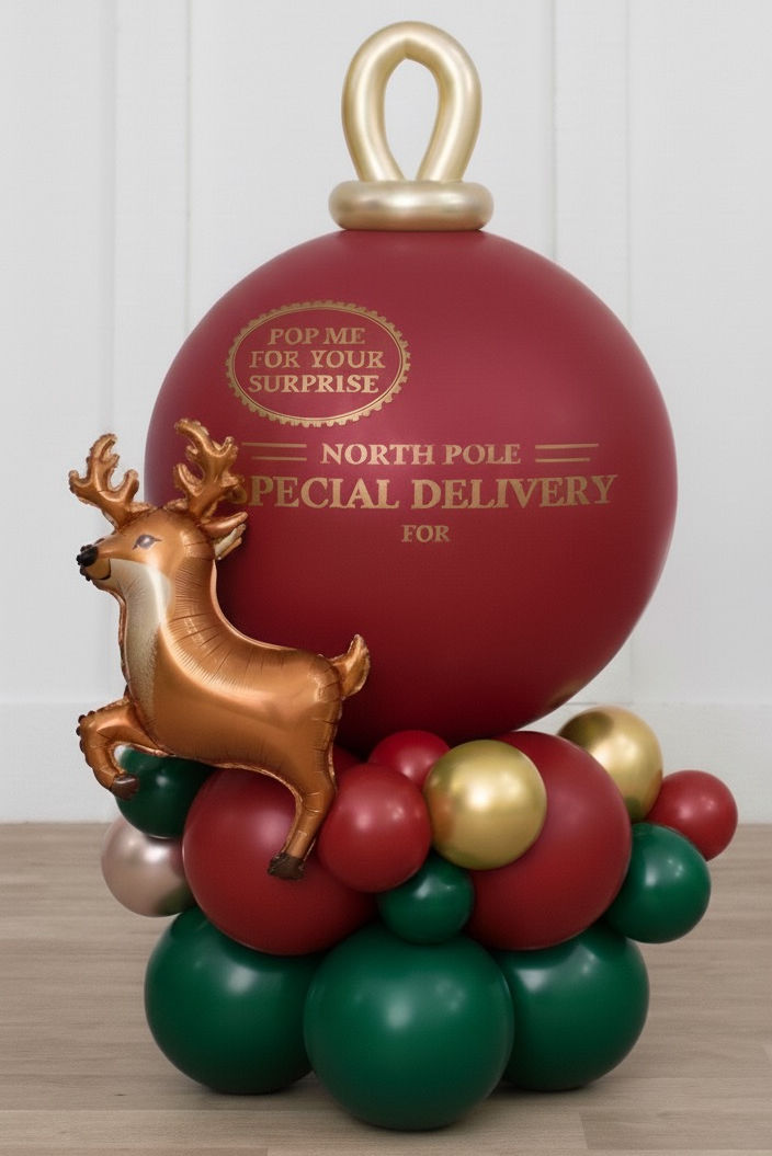 Reindeer balloon with message: North Pole Special Delivery for Santa SIX SEVEN Money Balloon.