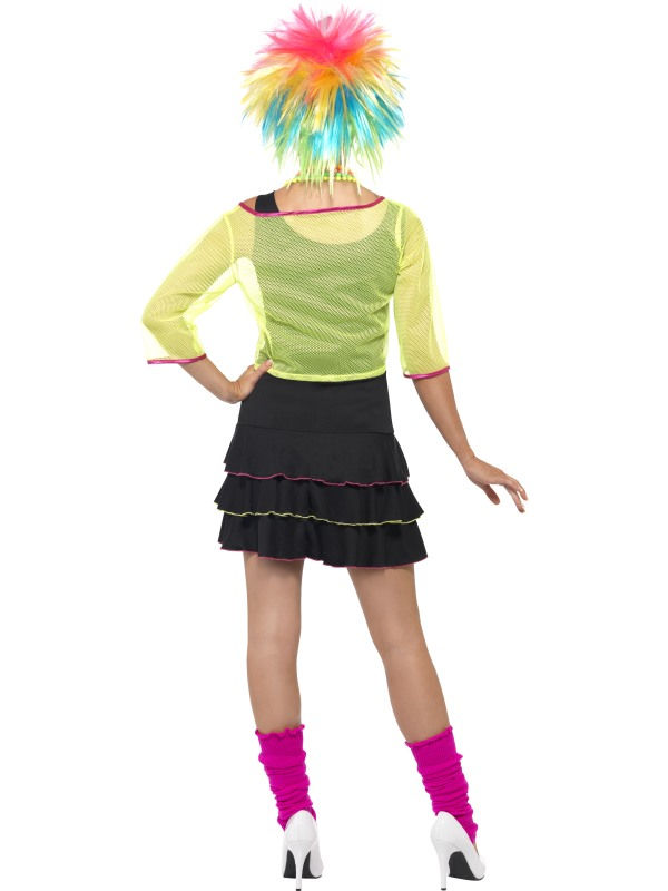 Thumbnail: Woman wearing 80s costume with colourful wig and black skirt, white background.