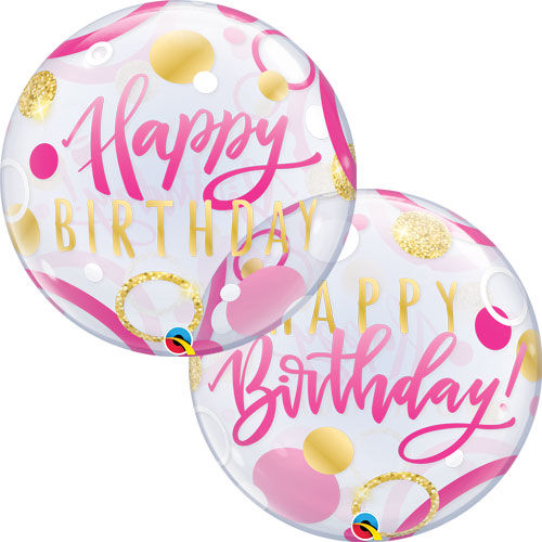 Two clear balloons with pink 'Happy Birthday' text and gold confetti.