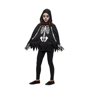 Girl in skeleton costume standing against a white background; Halloween party.