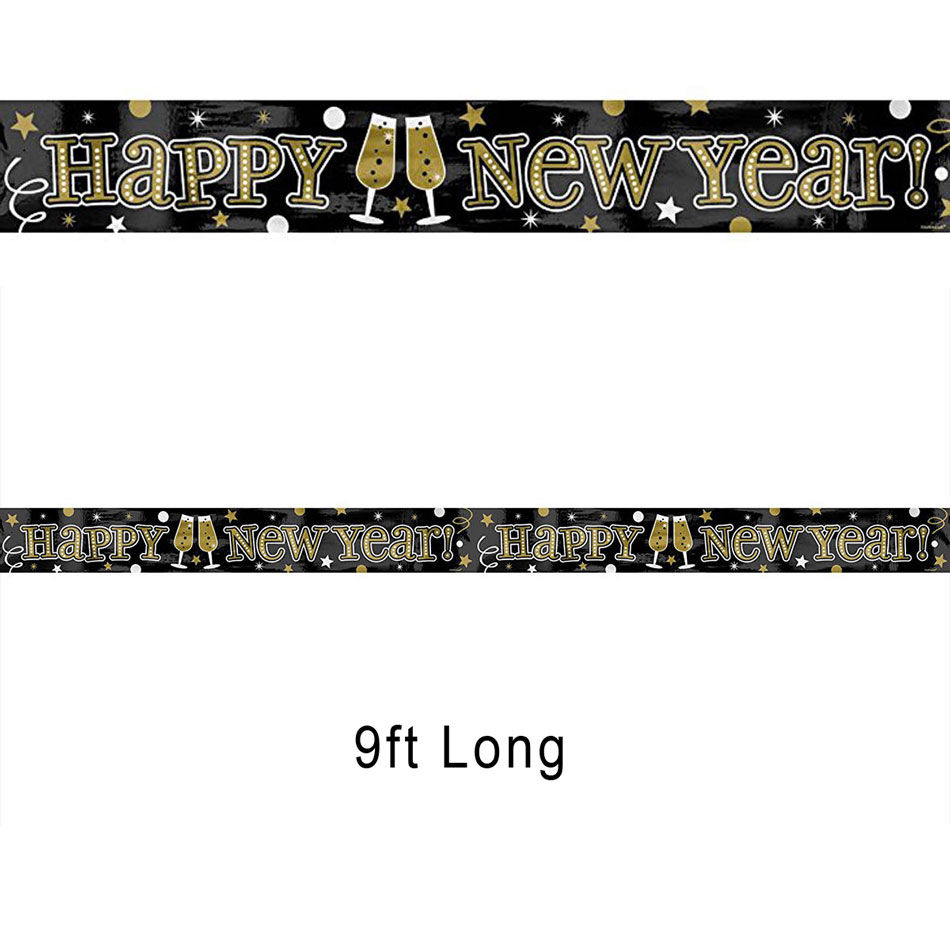 Happy New Year banner with champagne glasses, 9ft long for celebrations.