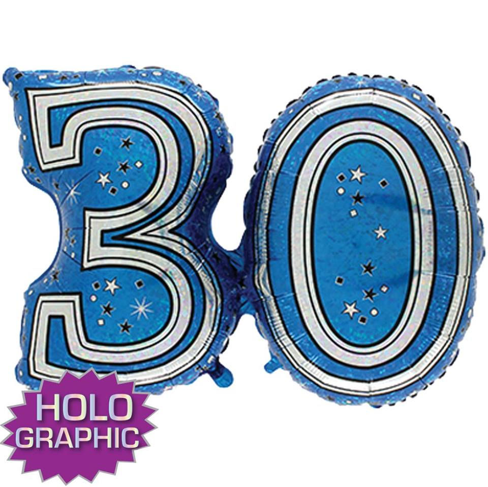 Blue foil balloon with the number 30 and holographic graphic on white
