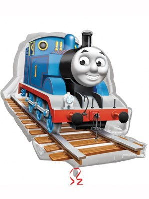 Thomas the Tank Engine balloon smiling on tracks, ready for adventure.