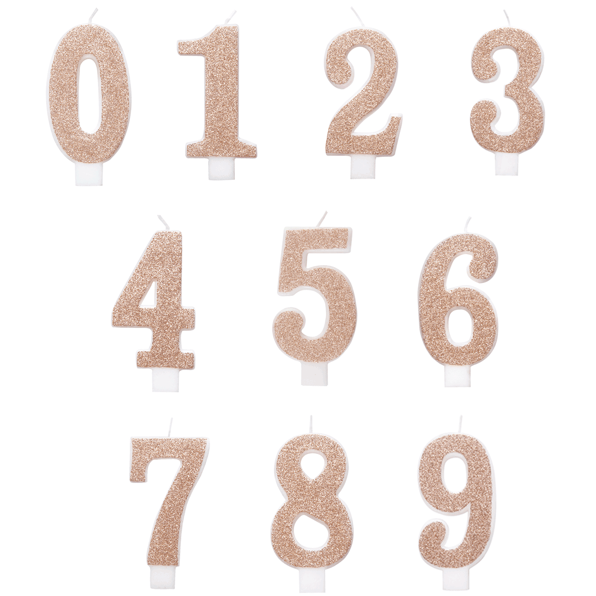 Glittering birthday cake candles numbers 0, 1, 2, 3, 4, 5, 6, 7, 8 and 9.