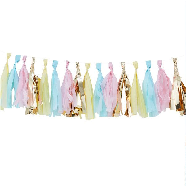 Thumbnail: Colorful tassel garland decoration with pastel colors and gold accents for celebration.