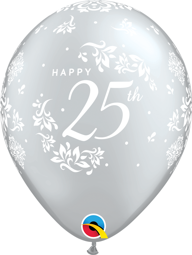 Silver balloon with Happy 25th text and floral design for celebration.