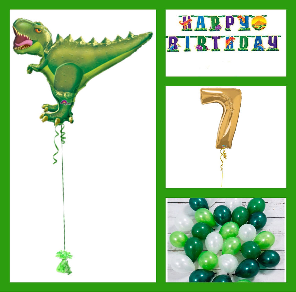 Green dinosaur balloon, Happy Birthday banner, number seven balloon, and balloons.