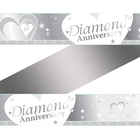 Silver Diamond Anniversary banner with hearts and stars and the words Diamond Anniversary.