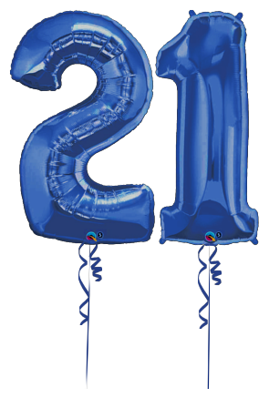 Shiny blue 21 balloon display with matching ribbons and a black background.