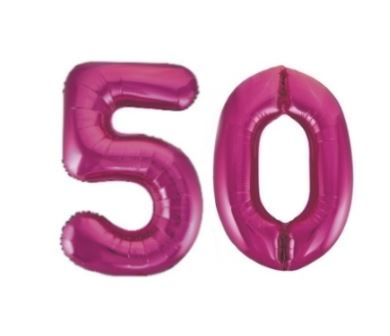 Thumbnail: Pink metallic number balloons spelling out fifty for a birthday celebration.