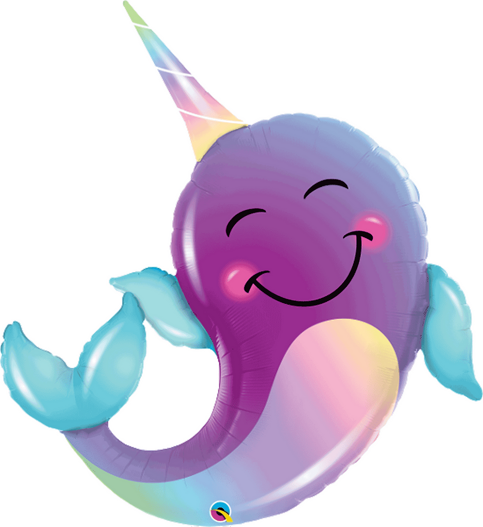 A smiling Narwhal balloon with pastel colors for birthday parties.