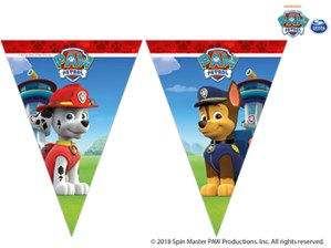 Paw Patrol pennant banner with Marshall and Chase against a blue sky background.