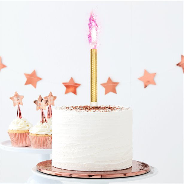 Thumbnail: White cake with a gold candle and Twinkle Twinkle Gender Reveal Pink Cake Fountains.