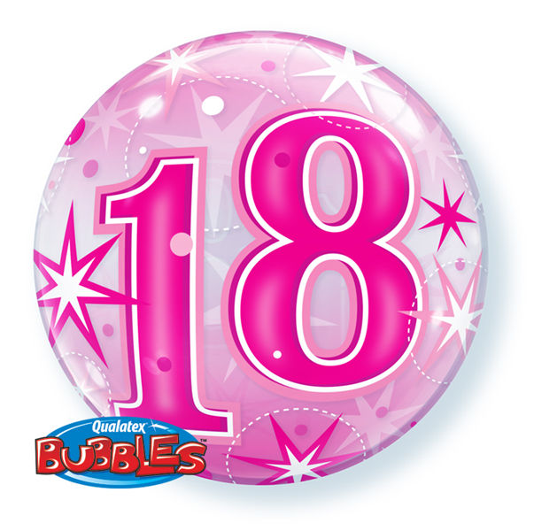 Thumbnail: Pink bubble balloon with the number 18 and white stars