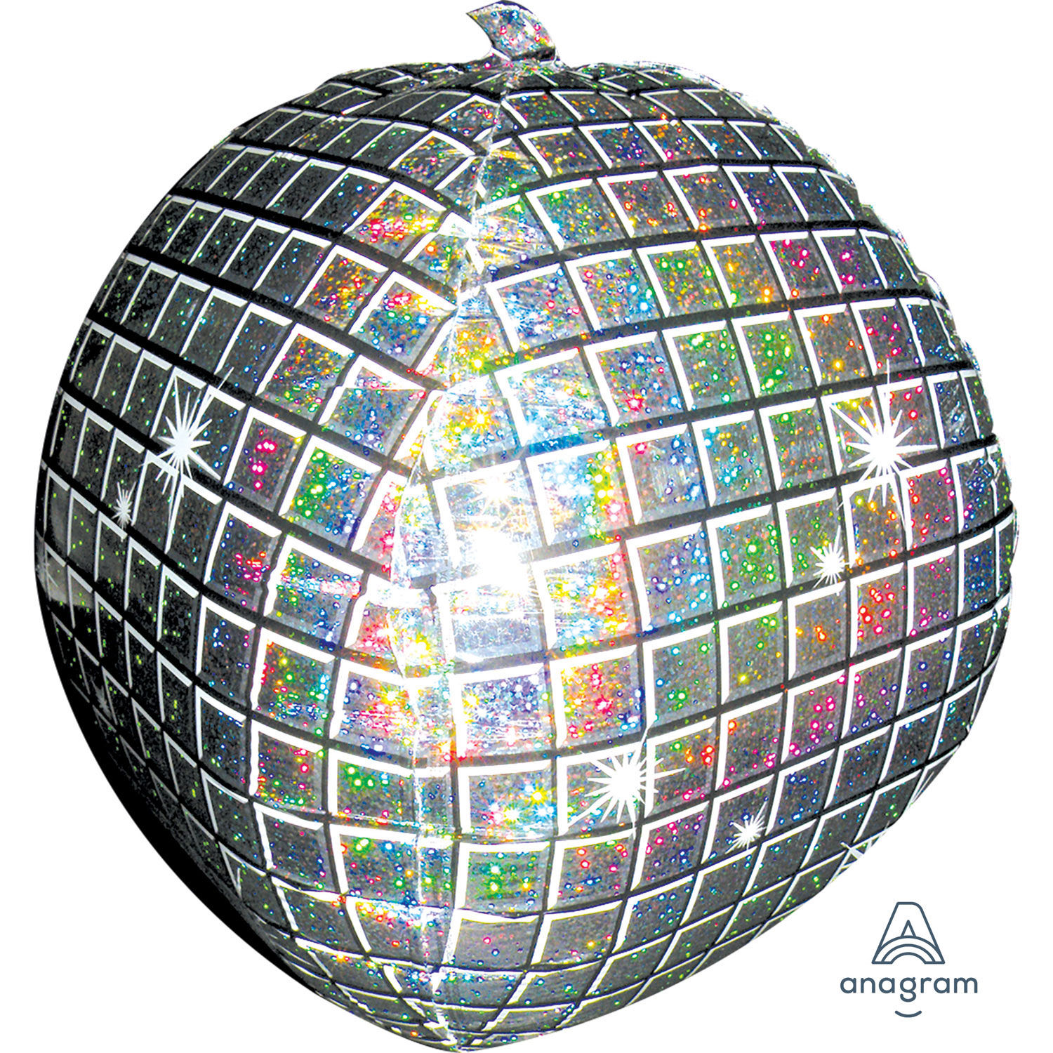 Shiny silver disco ball balloon, perfect for a party celebration and decoration.