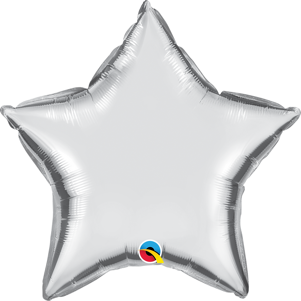 Shiny silver star balloon with the Qualatex logo against a dark background.