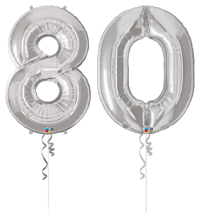 Silver number 80 foil balloons for an eighthieth birthday celebration.