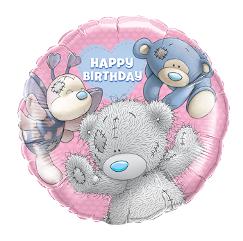 Pink round balloon with three teddy bears and the words Happy Birthday.
