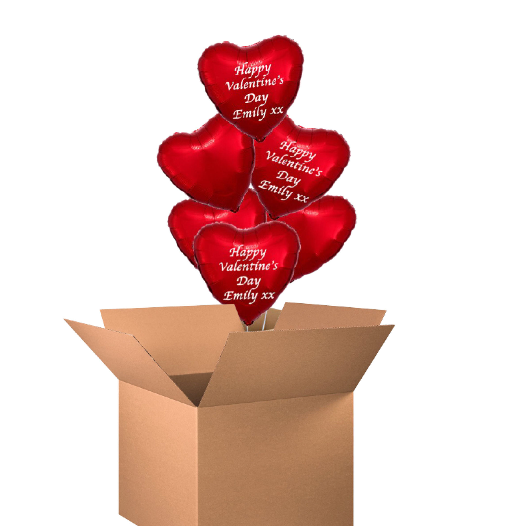 Red heart balloons with “Happy Valentine's Day Emily XX” from a box.
