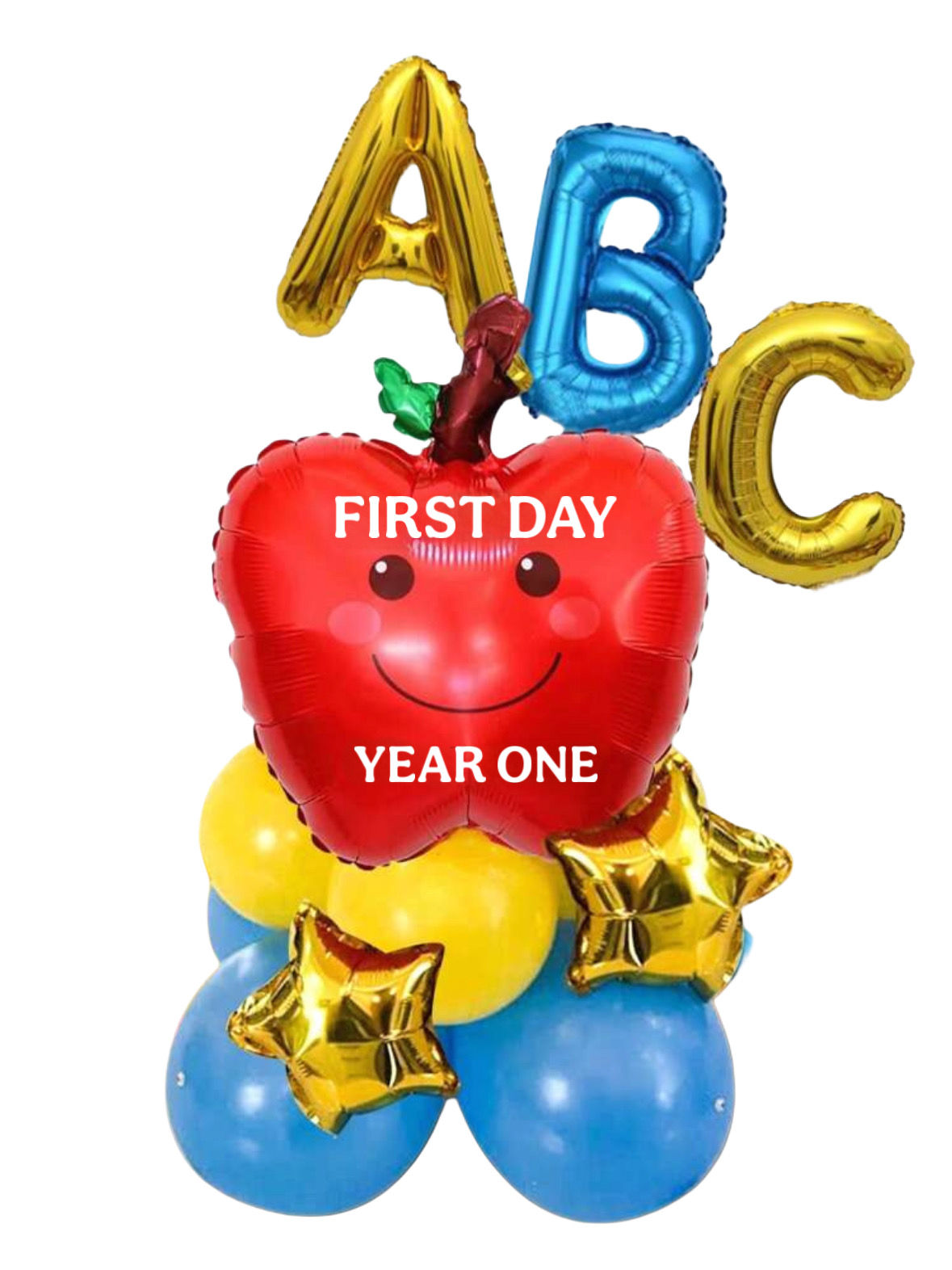 ABC, First Day Year One apple balloons celebrating the start of school with stars.