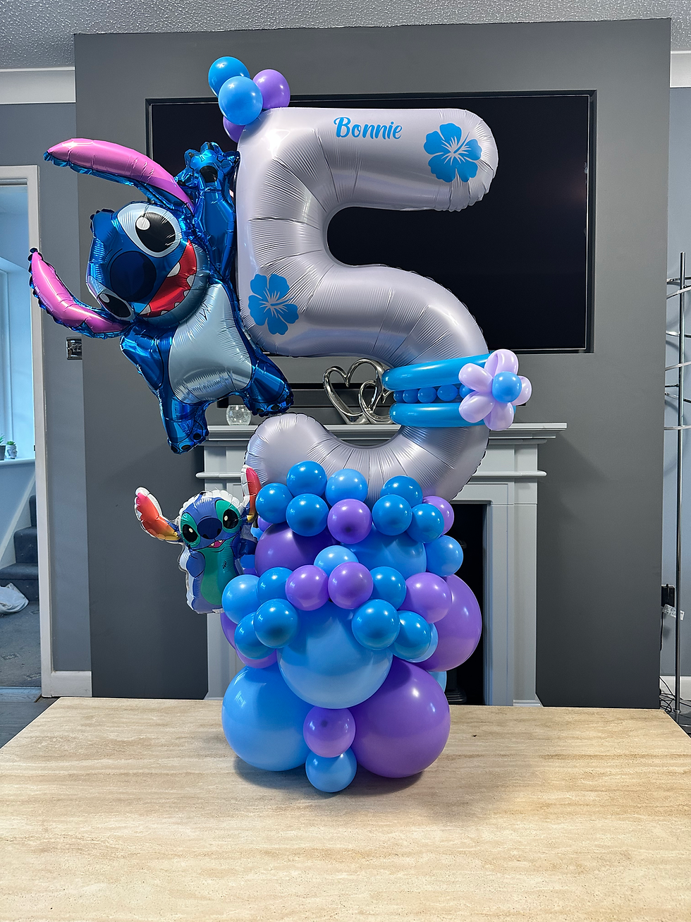 Stitch balloon display Bonnie 5 balloons blue and purple Party World Ferndown