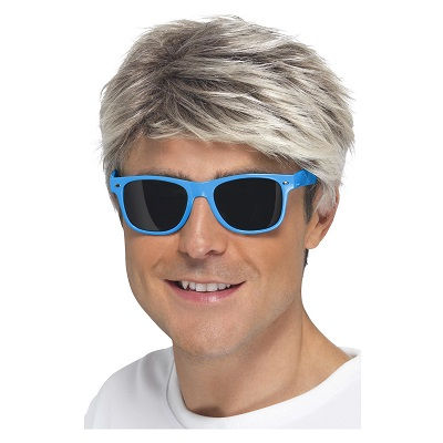 Thumbnail: Man wearing wig and blue sunglasses smiles against a white background.