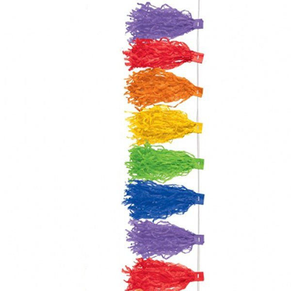 Thumbnail: Rainbow colored party streamers hanging vertically against white background for decoration.