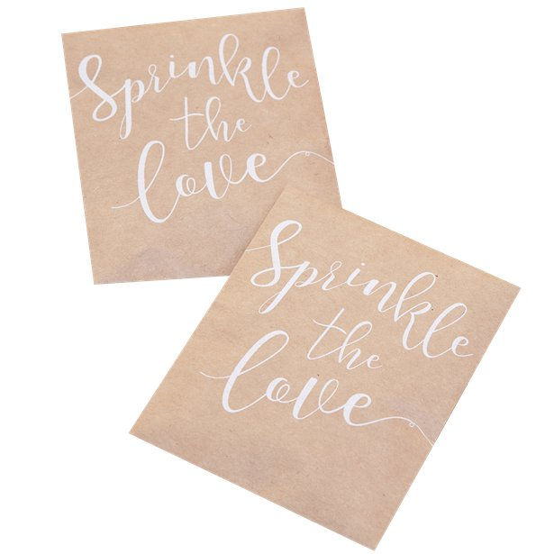 Thumbnail: Two brown paper signs say: Sprinkle the love. Party World Ferndown. 