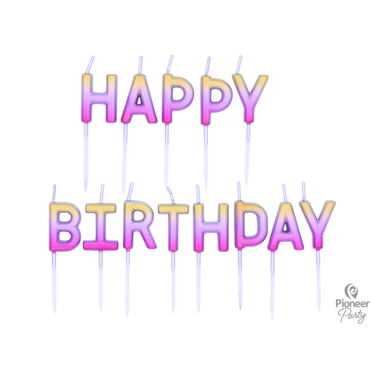 Happy Birthday candles with text against a white background.