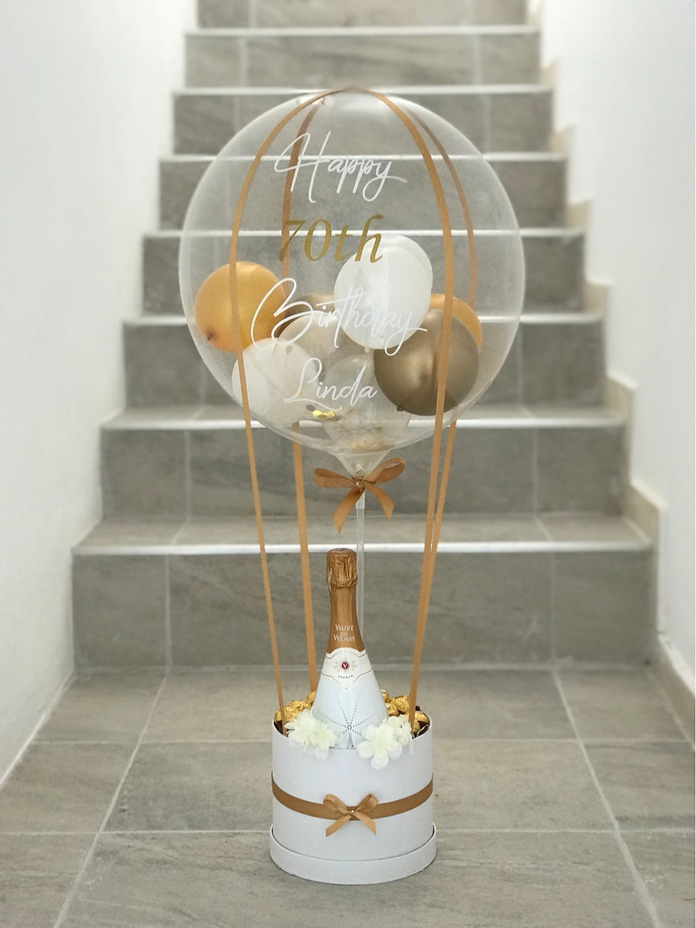 Clear balloon with text, Happy 40th Birthday Panda, gold and white balloons.