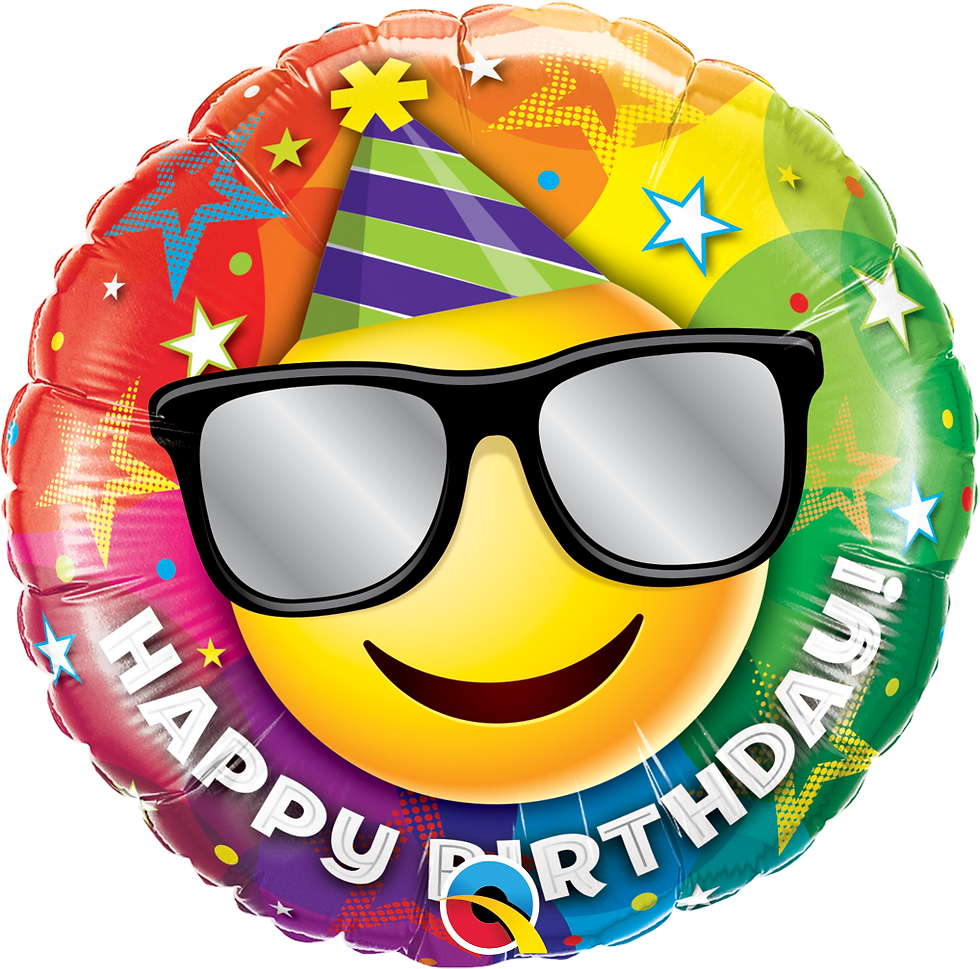 Happy birthday emoji balloon with sunglasses and a party hat, colorful design.