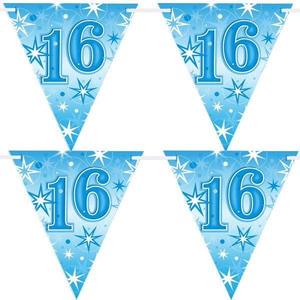 Four blue pennants with the number 16 and star pattern for a party.