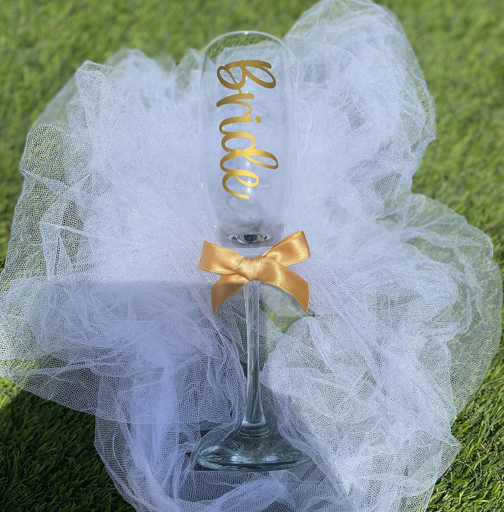 Thumbnail: Champagne flute with "Bride" text, bow and veil on green grass background.