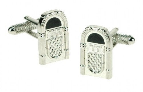 Thumbnail: Cufflinks shaped as jukeboxes. Silver-toned metal with intricate engraved detailing.