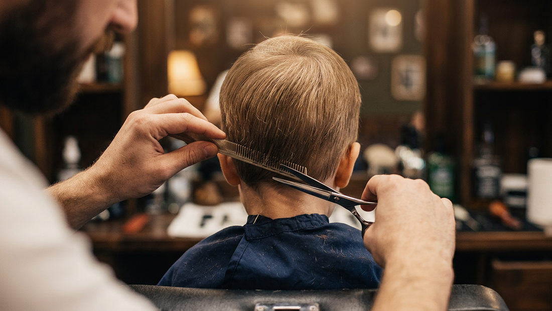 A barber cutting a child’s hair with scissors and a comb